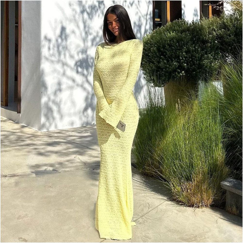 41605 New European and American Export Product Tall Slimming Sexy Backless Solid Color Flared Long Sleeve Round Neck Long Dress