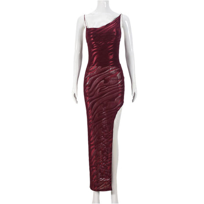 Mesh Plush Skirt Spring New Product Bareback Strap Diagonal Neck European and American Sexy Strap Dress 41539