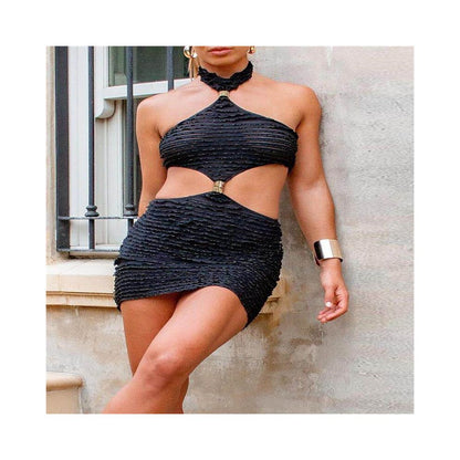 Sexy Pure Desire Hot Girl European and American Summer New Product Open Waist Hollow Hanging Neck Wrapped Chest Metal Buckle Personalized Dress 41561 image 3