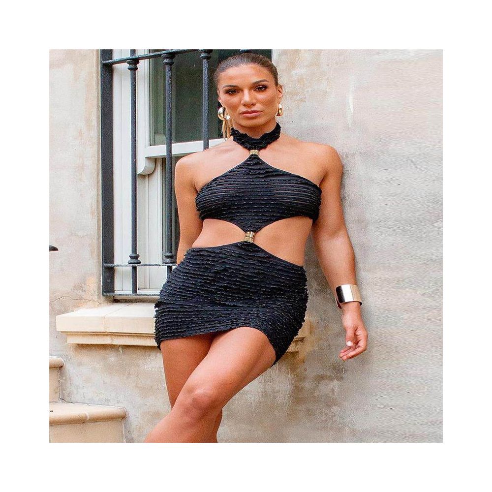 Sexy Pure Desire Hot Girl European and American Summer New Product Open Waist Hollow Hanging Neck Wrapped Chest Metal Buckle Personalized Dress 41561 image 4