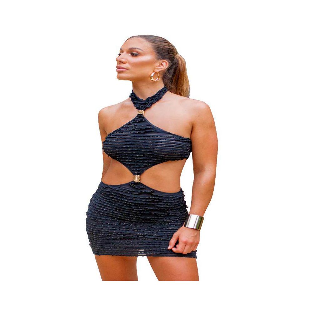 Sexy Pure Desire Hot Girl European and American Summer New Product Open Waist Hollow Hanging Neck Wrapped Chest Metal Buckle Personalized Dress 41561 image 5