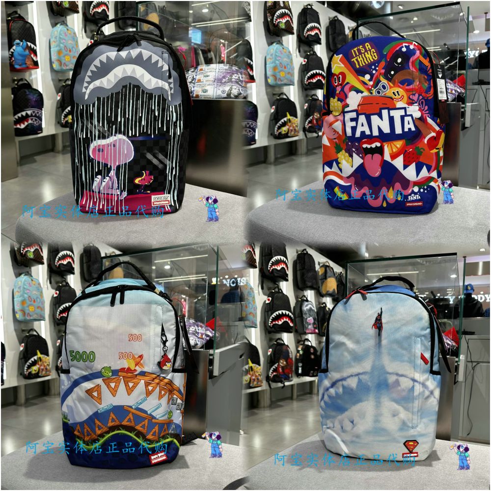 SprayGround Shark Mouth Autumn Men s and Women s Snoopy Superman Co branded Large Capacity Canvas Backpack image 0
