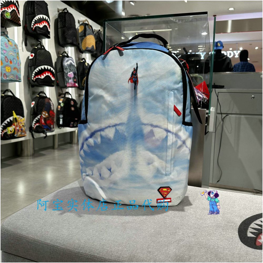 SprayGround Shark Mouth Autumn Men s and Women s Snoopy Superman Co branded Large Capacity Canvas Backpack image 4