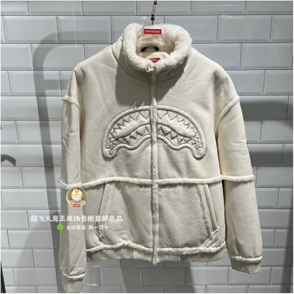 SprayGround Shark Mouth Counter Authentic 25 New W1141108 Men s and Women s Spliced Stand up Collar Jacket Coat