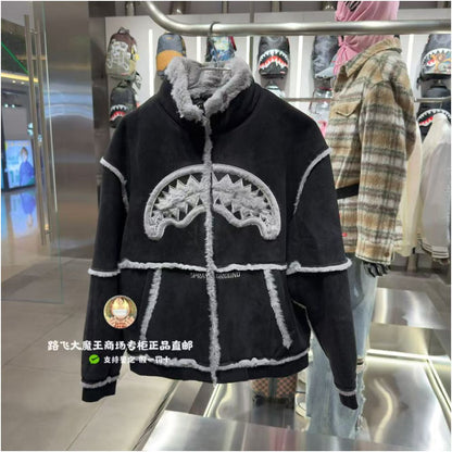SprayGround Shark Mouth Counter Authentic 25 New W1141108 Men s and Women s Spliced Stand up Collar Jacket Coat
