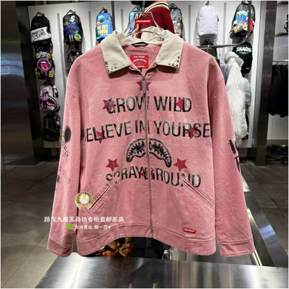 SprayGround Shark Mouth Counter Authentic 26 New W1211117 Men s and Women s American Retro Collar Jacket