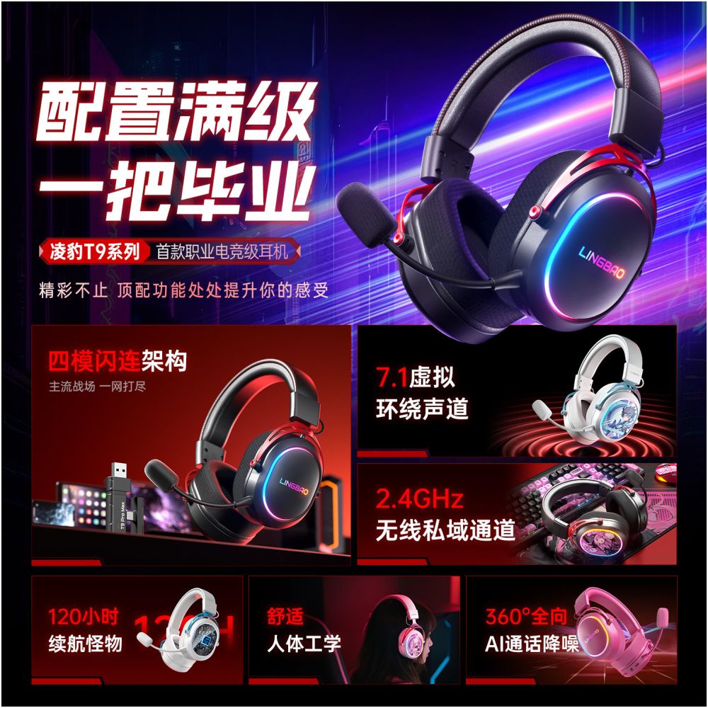 Lingbao T9Pro Four Mode Esports Earphones Head Mounted 2 4g Bluetooth Wireless Computer CS Earphones 7 1 Game FPS image 3