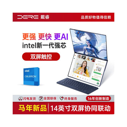 DERE Dual Screen Laptop 14 inch HD Foldable Tablet 2 in 1 Windows 11 System Intel New Handwritten Lightweight Notebook Stock Trading and Viewing PC image 0