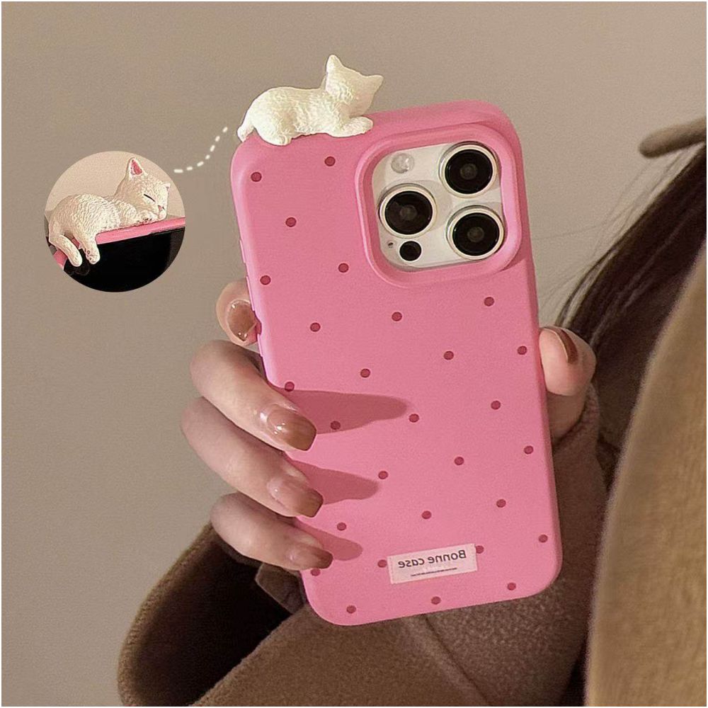 Cute 3D Pussy Cat Case for iPhone 16 Pro Max 11 12 13 14 15 17 Polka Dot Soft Cover