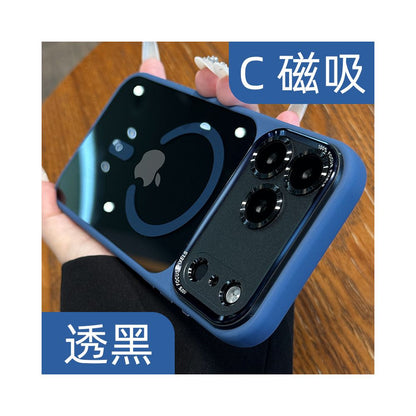 High end metal lens new 17 phone case suitable for iPhone 17 Pro new 16 Promax transparent magnetic suction Apple 15p all inclusive anti fall 14 plus couple 13 women 12 deep blue 11
