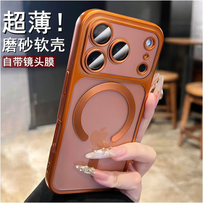 Suitable for iPhone 17 Promax magnetic phone protective case frosted semi transparent Apple 17 Pro electroplated with built in lens film 16pm internet famous fashionable simple and popular 15por all inclusive anti fall protective cover