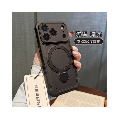 Military anti drop suitable for iPhone 17 Promax phone case 360 degree magnetic bracket 16pro thick soft edge 15pro with airbag black protective cover 14 13 men s frosted semi transparent image 1