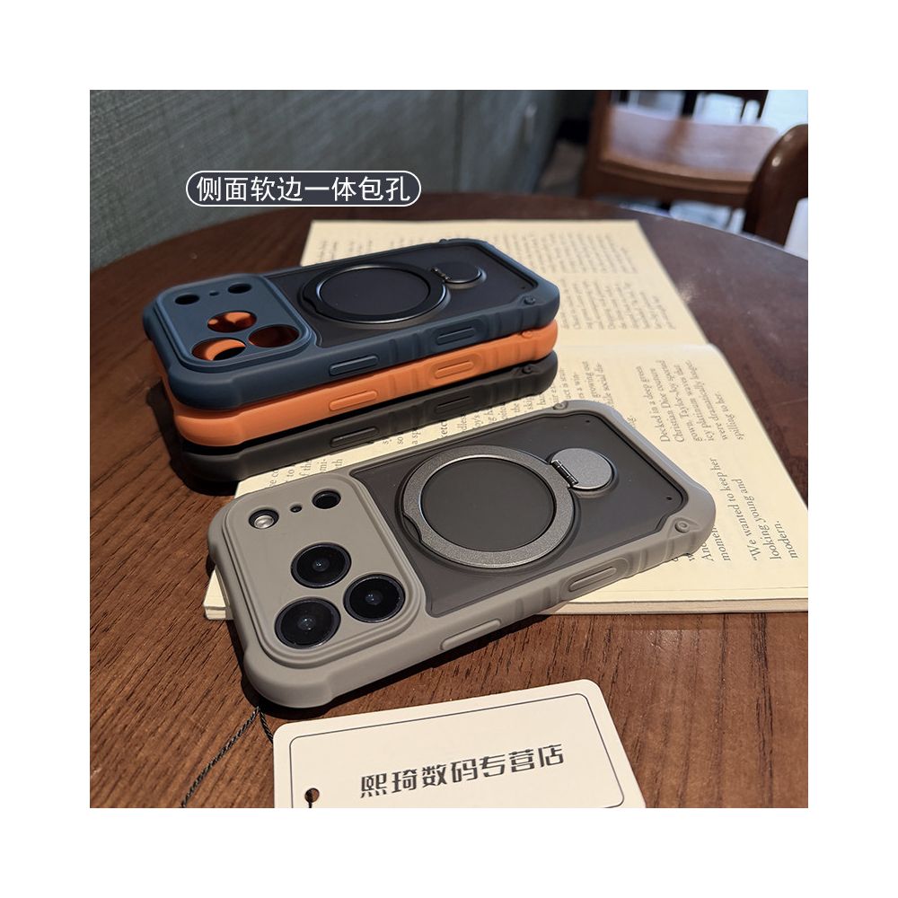 Military anti drop suitable for iPhone 17 Promax phone case 360 degree magnetic bracket 16pro thick soft edge 15pro with airbag black protective cover 14 13 men s frosted semi transparent image 4