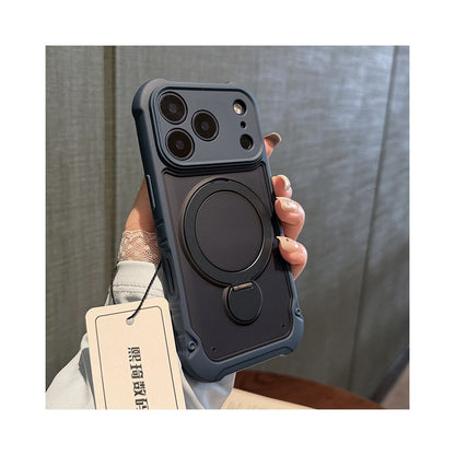 Military anti drop suitable for iPhone 17 Promax phone case 360 degree magnetic bracket 16pro thick soft edge 15pro with airbag black protective cover 14 13 men s frosted semi transparent