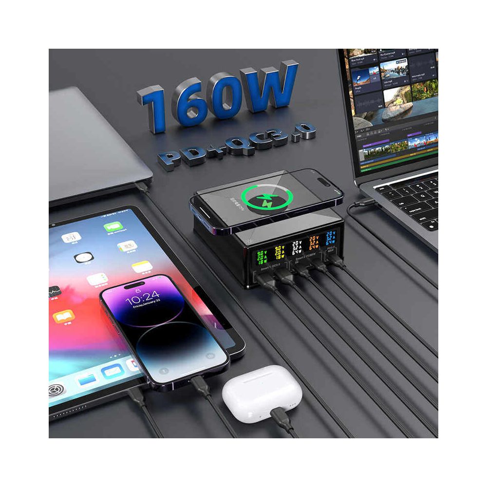 260W multi port USB desktop 15W wireless charging multifunctional digital display 65W charger charging dock socket QC3 0 full protocol gallium nitride charger suitable for laptops Apple phones studios image 4