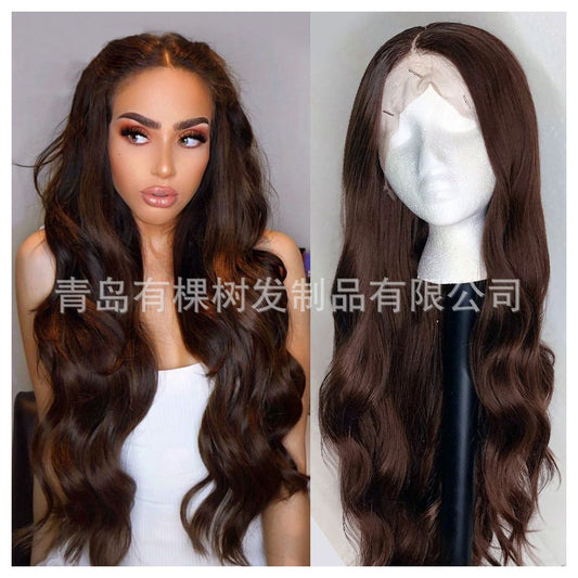 Qingdao Youke Tree Hair Products Co Ltd European and American Women s Wig Chemical Fiber Front Lace Middle Brown Long Roll
