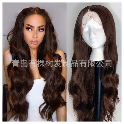 Qingdao Youke Tree Hair Products Co Ltd European and American Women s Wig Chemical Fiber Front Lace Middle Brown Long Roll