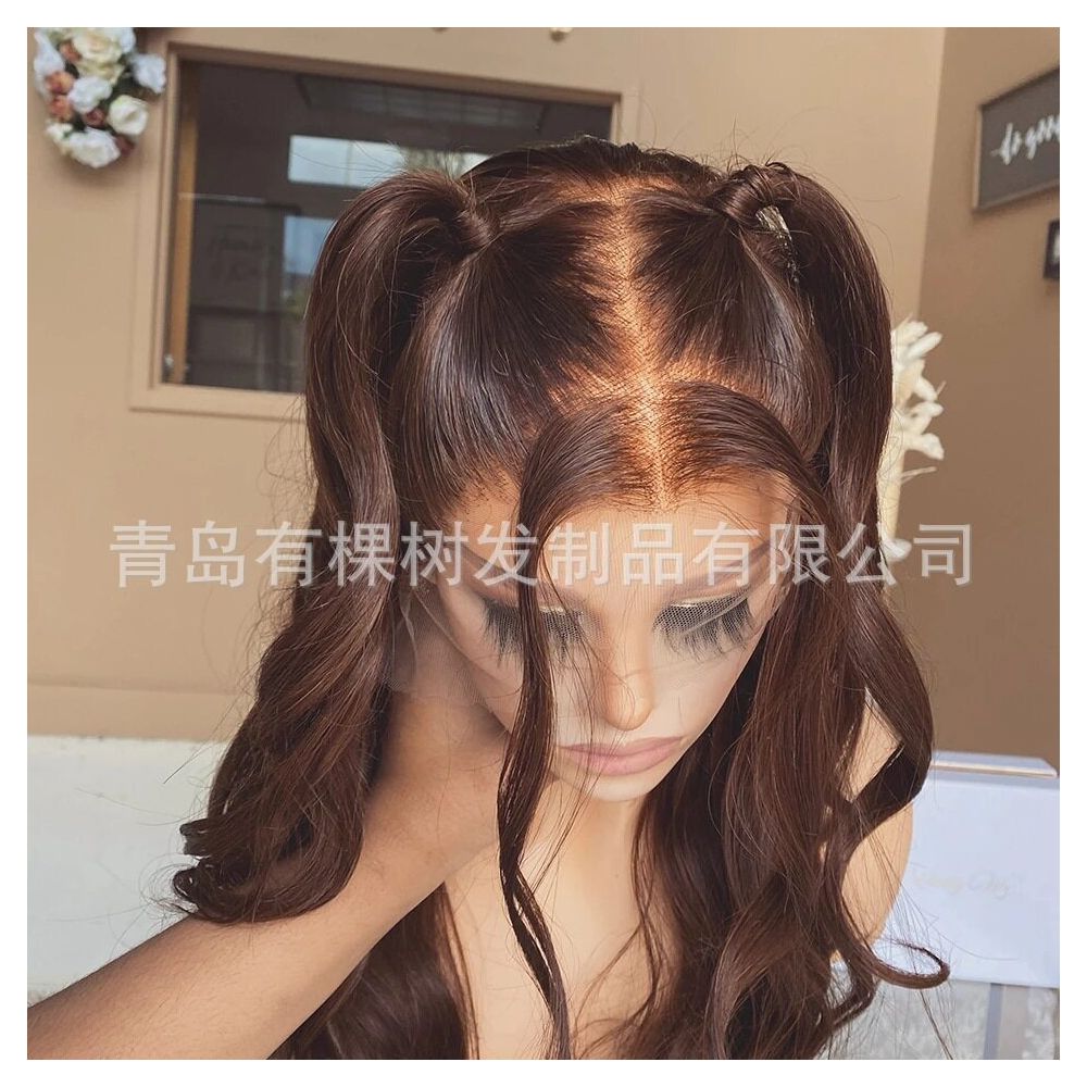 Qingdao Youke Tree Hair Products Co Ltd European and American Women s Wig Chemical Fiber Front Lace Middle Brown Long Roll image 2