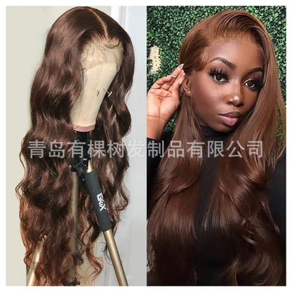 Qingdao Youke Tree Hair Products Co Ltd European and American Women s Wig Chemical Fiber Front Lace Middle Brown Long Roll image 3