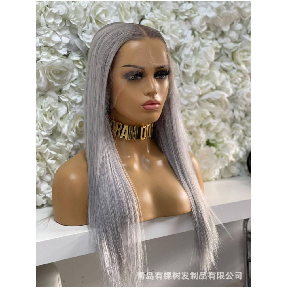 Qingdao Youkeshu Hair Products Co Ltd Foreign Trade European and American Chemical Fiber Front Lace Wig Full Headset Grey Purple Long image 0