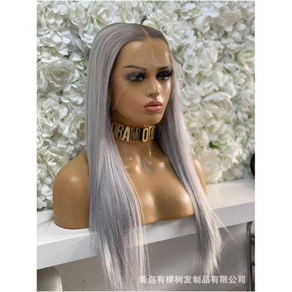 Qingdao Youkeshu Hair Products Co Ltd Foreign Trade European and American Chemical Fiber Front Lace Wig Full Headset Grey Purple Long image 0