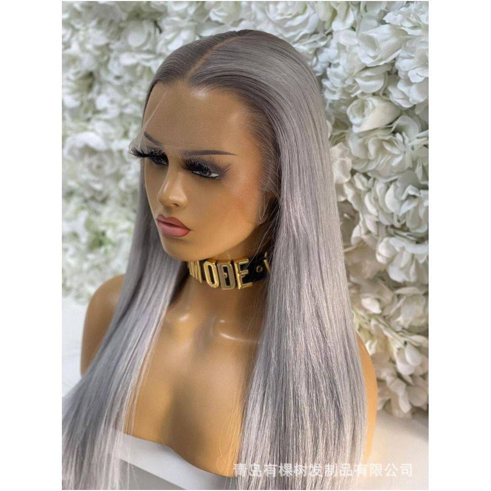 Qingdao Youkeshu Hair Products Co Ltd Foreign Trade European and American Chemical Fiber Front Lace Wig Full Headset Grey Purple Long image 3
