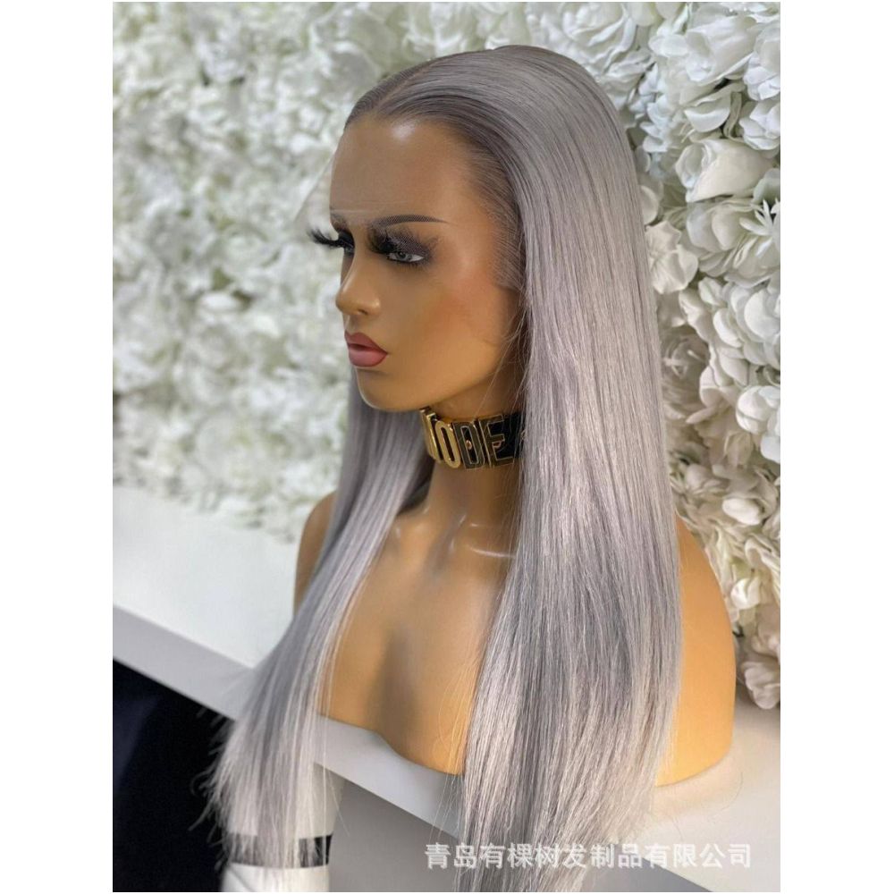 Qingdao Youkeshu Hair Products Co Ltd Foreign Trade European and American Chemical Fiber Front Lace Wig Full Headset Grey Purple Long image 4