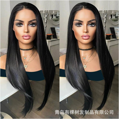 Qingdao Youke Tree Hair Products Co Ltd European and American wig foreign trade wig black synthetic front lace long straight