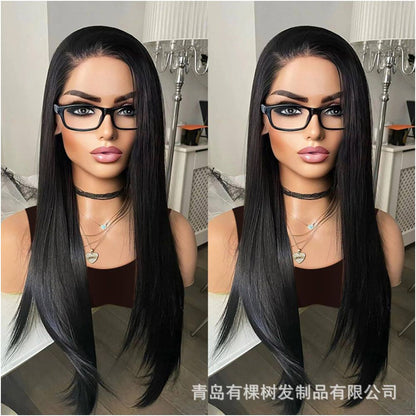 Qingdao Youke Tree Hair Products Co Ltd European and American wig foreign trade wig black synthetic front lace long straight image 1