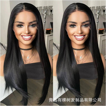 Qingdao Youke Tree Hair Products Co Ltd European and American wig foreign trade wig black synthetic front lace long straight image 2