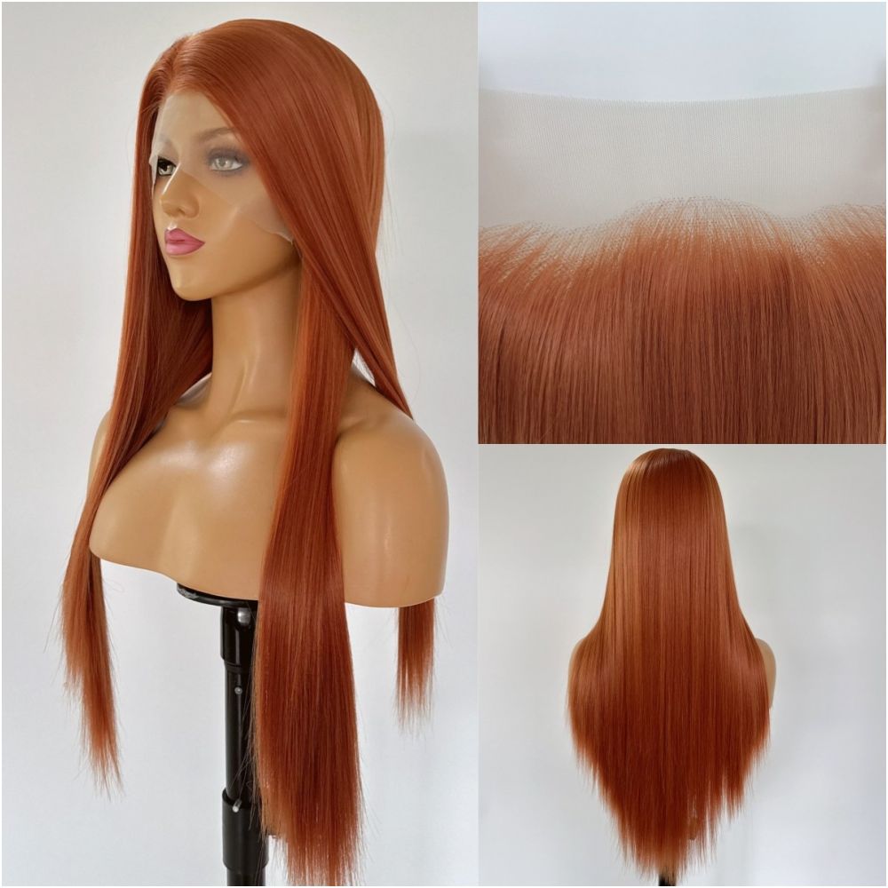 Asuka Dark Orange Wig Set Long Straight Hair Hand Hook Lace Full Headset Female Anime Cosplay Style Versatile Head image 0