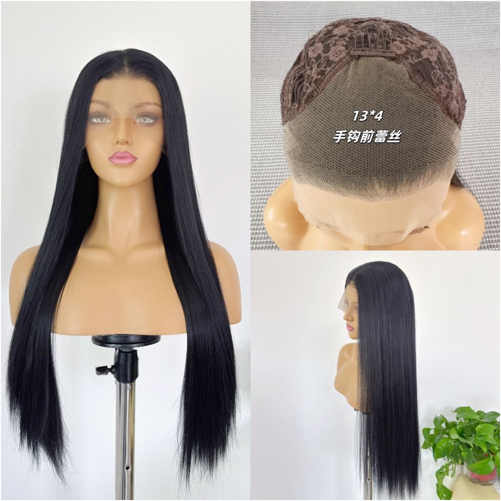 Natural black wig with lace front hook 13x4 long straight hair high temperature silk versatile anime cosplay wig full head cover image 1
