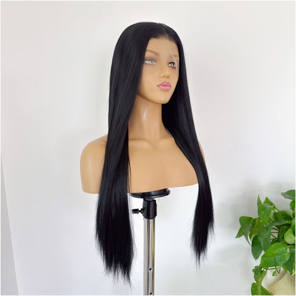 Natural black wig with lace front hook 13x4 long straight hair high temperature silk versatile anime cosplay wig full head cover image 2
