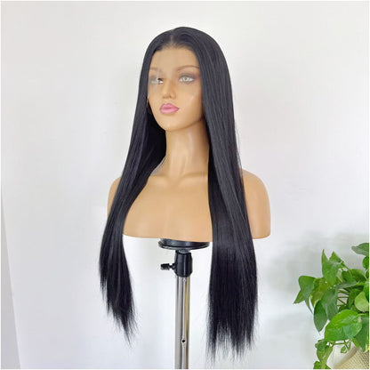 Natural black wig with lace front hook 13x4 long straight hair high temperature silk versatile anime cosplay wig full head cover image 3