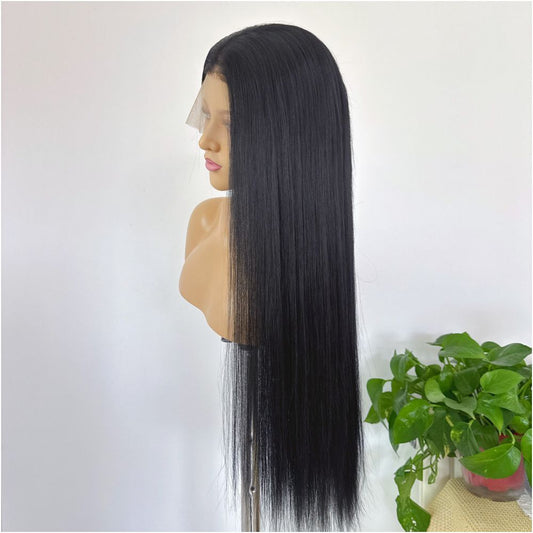 Natural black wig with lace front hook 13x4 long straight hair high temperature silk versatile anime cosplay wig full head cover