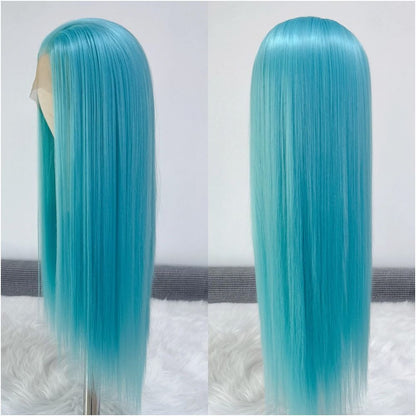 Wang Zhaojun Ice Blue Wig Long Straight Hair 13x4 Hand Hook Lace High Temperature Chemical Fiber Wig Full Headset Versatile COS image 1