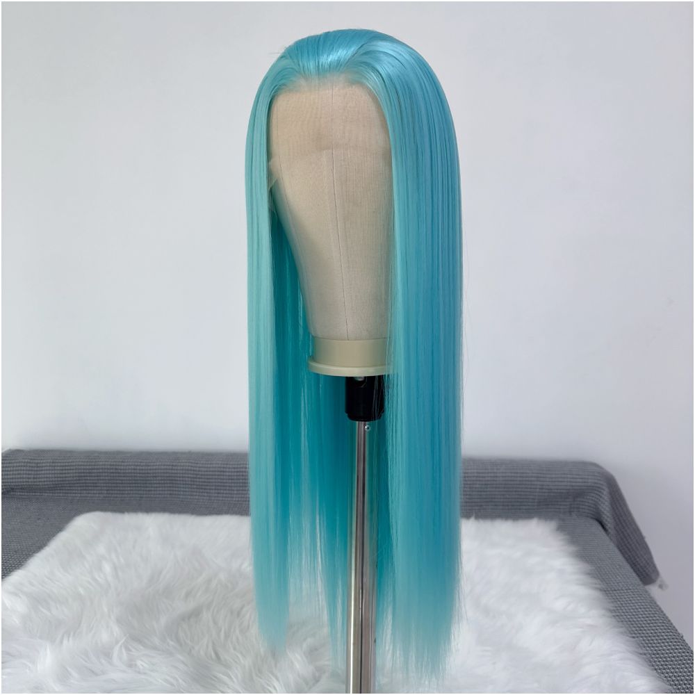 Wang Zhaojun Ice Blue Wig Long Straight Hair 13x4 Hand Hook Lace High Temperature Chemical Fiber Wig Full Headset Versatile COS image 2