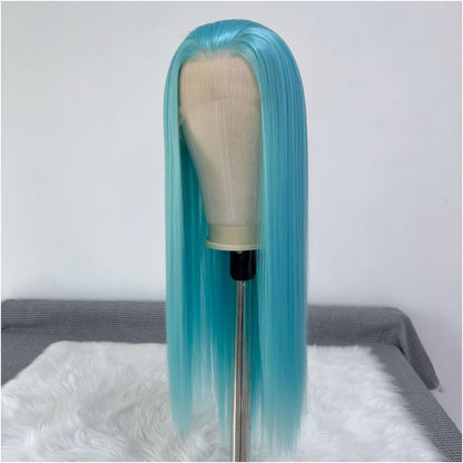 Wang Zhaojun Ice Blue Wig Long Straight Hair 13x4 Hand Hook Lace High Temperature Chemical Fiber Wig Full Headset Versatile COS image 2