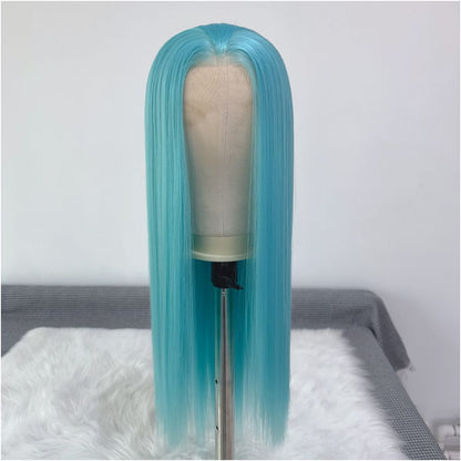 Wang Zhaojun Ice Blue Wig Long Straight Hair 13x4 Hand Hook Lace High Temperature Chemical Fiber Wig Full Headset Versatile COS image 3