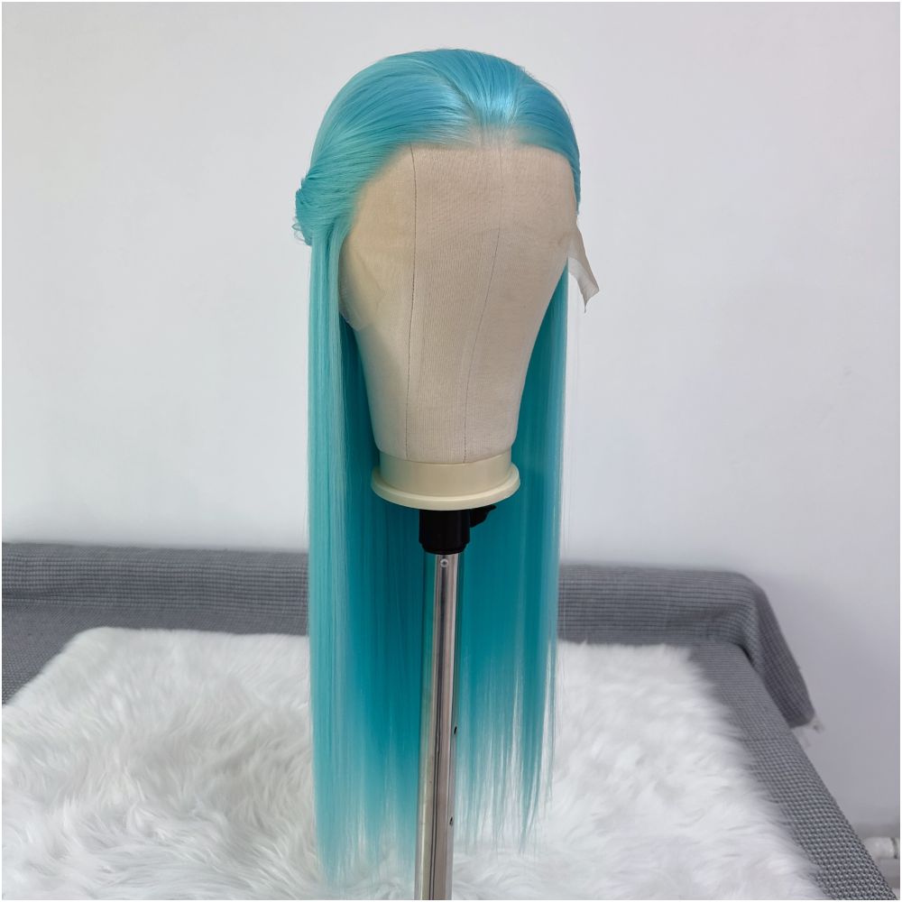 Wang Zhaojun Ice Blue Wig Long Straight Hair 13x4 Hand Hook Lace High Temperature Chemical Fiber Wig Full Headset Versatile COS image 4