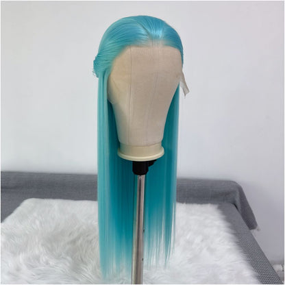 Wang Zhaojun Ice Blue Wig Long Straight Hair 13x4 Hand Hook Lace High Temperature Chemical Fiber Wig Full Headset Versatile COS image 4