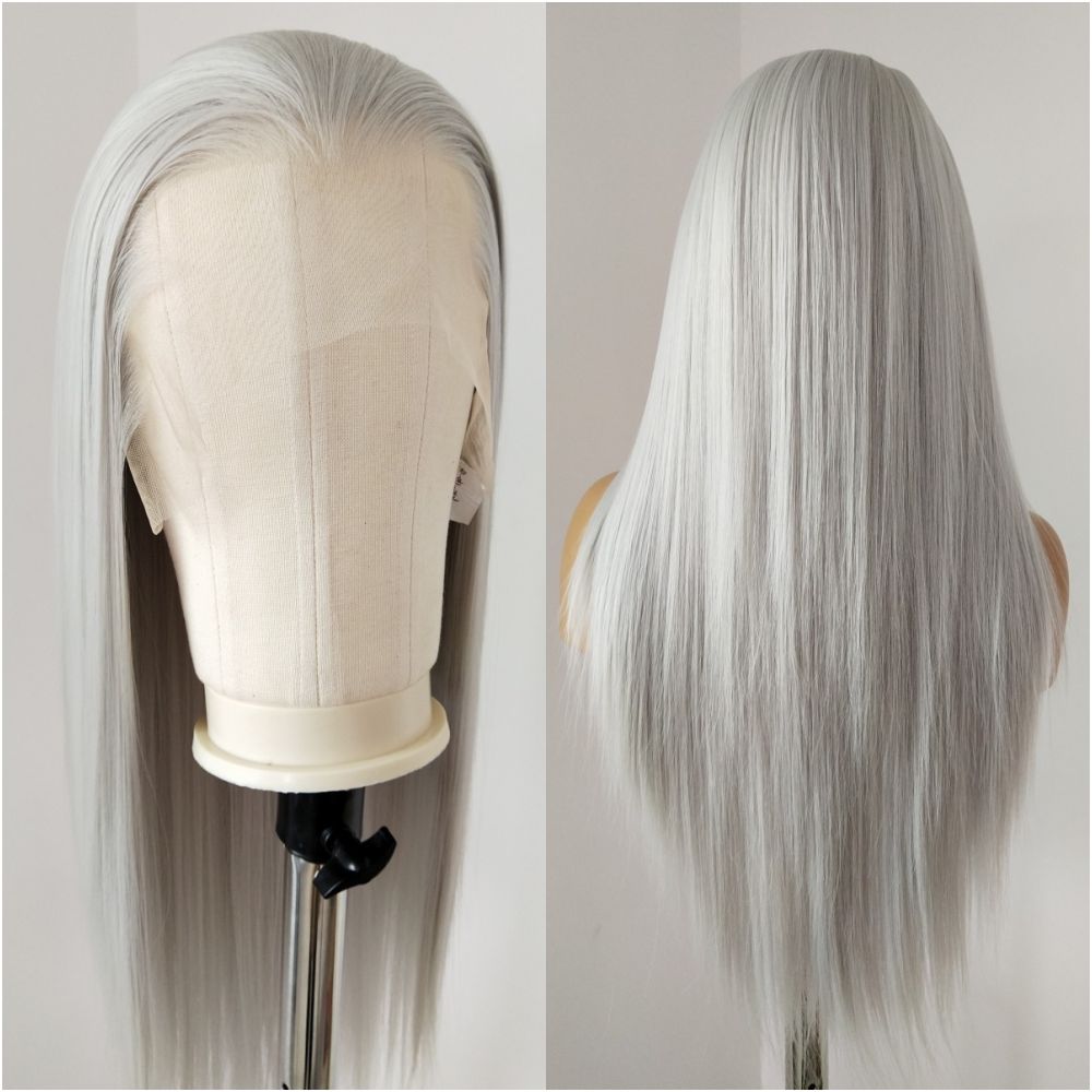 Silver gray ancient costume wig full head set long straight hair hand hook lace COS three pointed antique style male image 1