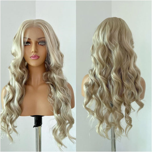 Western style golden split big wave long curly hair cos high temperature silk breathable hand hook front lace wig set wigs for women image 0