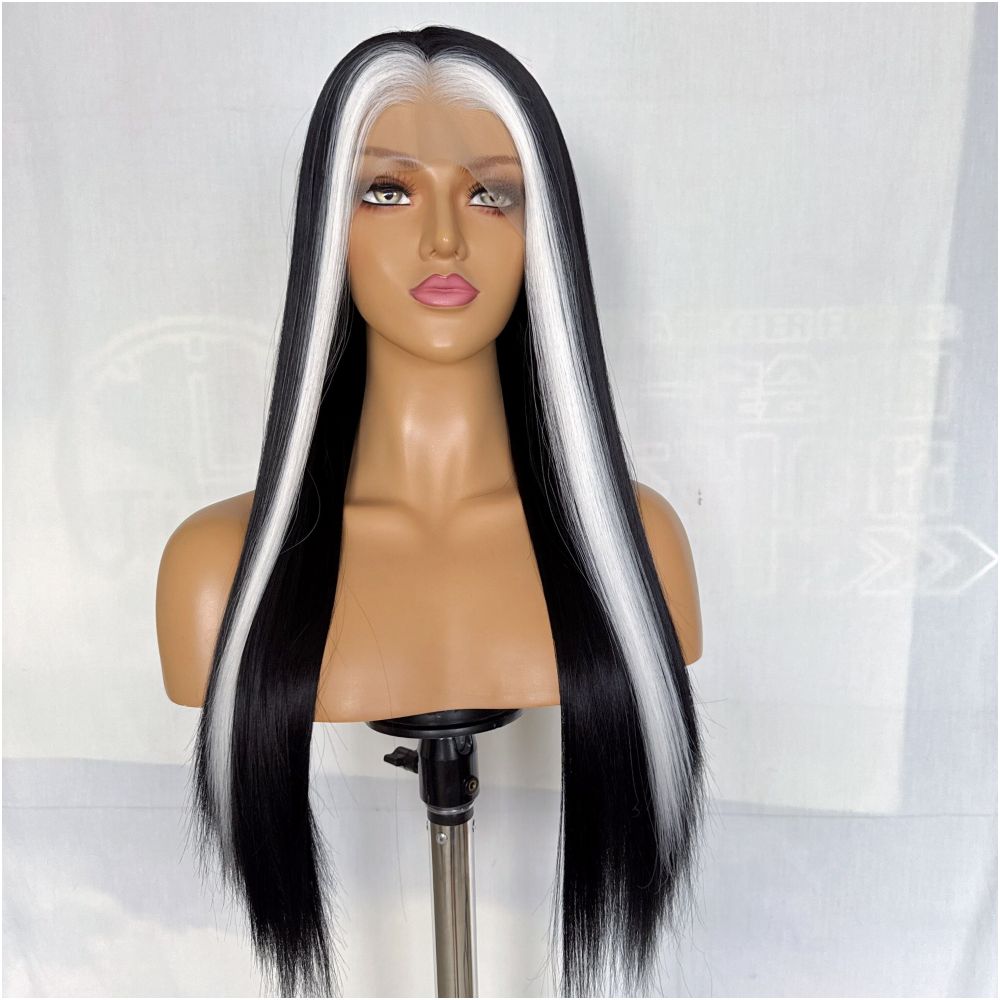 Street bombing black and white mixed color wig long straight hair hand hook lace synthetic high temperature silk wig full head cover for women versatile cosplay image 2