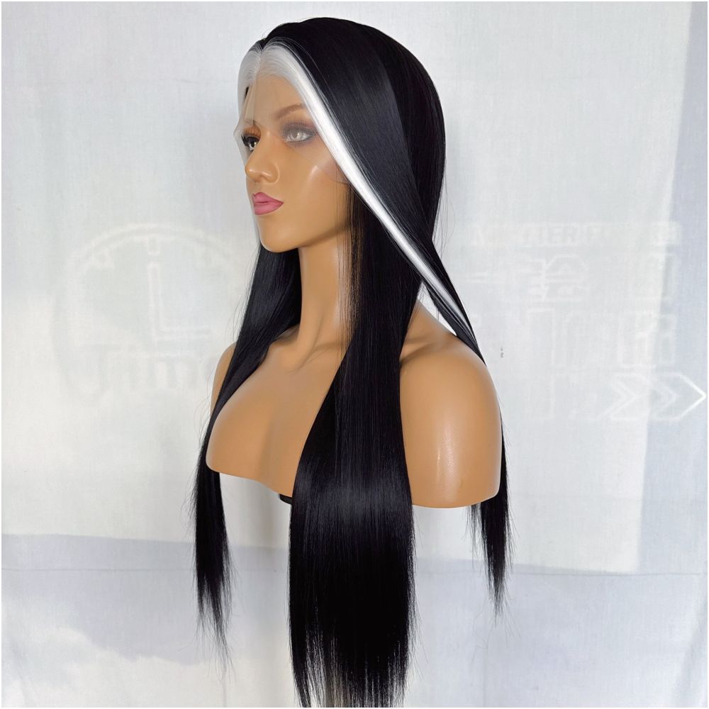 Street bombing black and white mixed color wig long straight hair hand hook lace synthetic high temperature silk wig full head cover for women versatile cosplay image 3