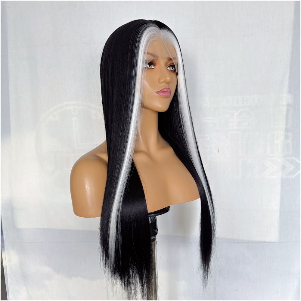 Street bombing black and white mixed color wig long straight hair hand hook lace synthetic high temperature silk wig full head cover for women versatile cosplay image 4