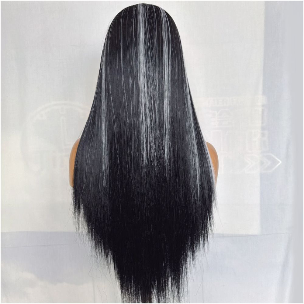 Street bombing black and white mixed color wig long straight hair hand hook lace synthetic high temperature silk wig full head cover for women versatile cosplay image 5