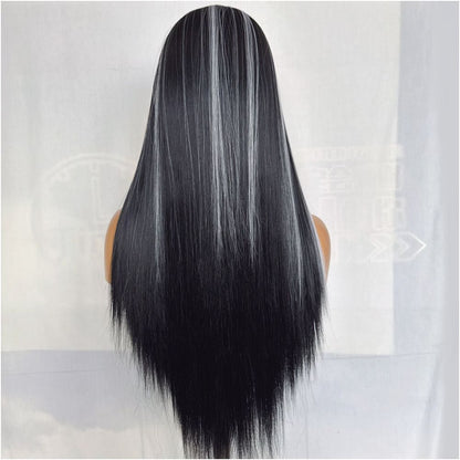 Street bombing black and white mixed color wig long straight hair hand hook lace synthetic high temperature silk wig full head cover for women versatile cosplay image 5