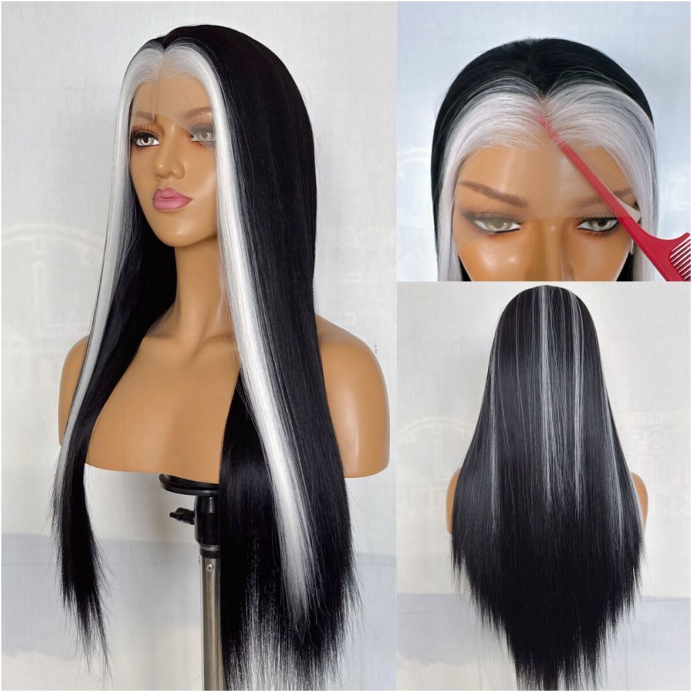Street bombing black and white mixed color wig long straight hair hand hook lace synthetic high temperature silk wig full head cover for women versatile cosplay image 0