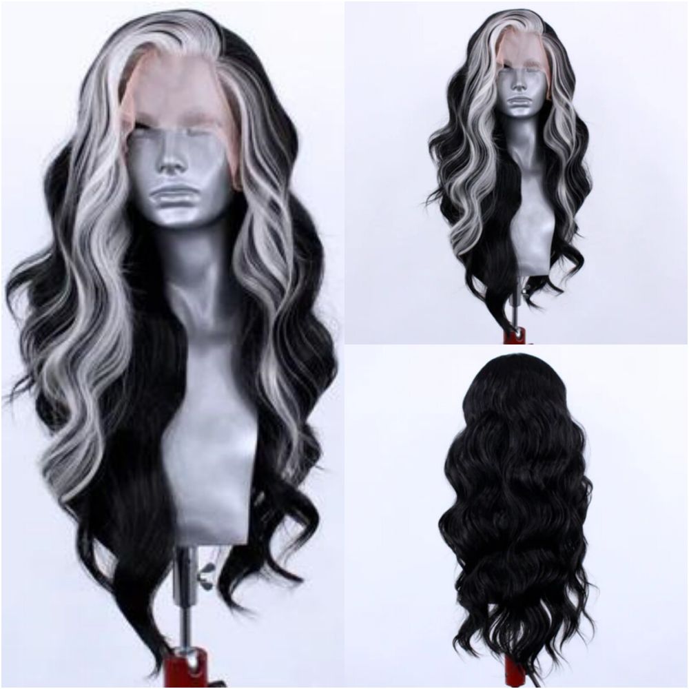 Street bombing black and white mixed color wig long straight hair hand hook lace synthetic high temperature silk wig full head cover for women versatile cosplay